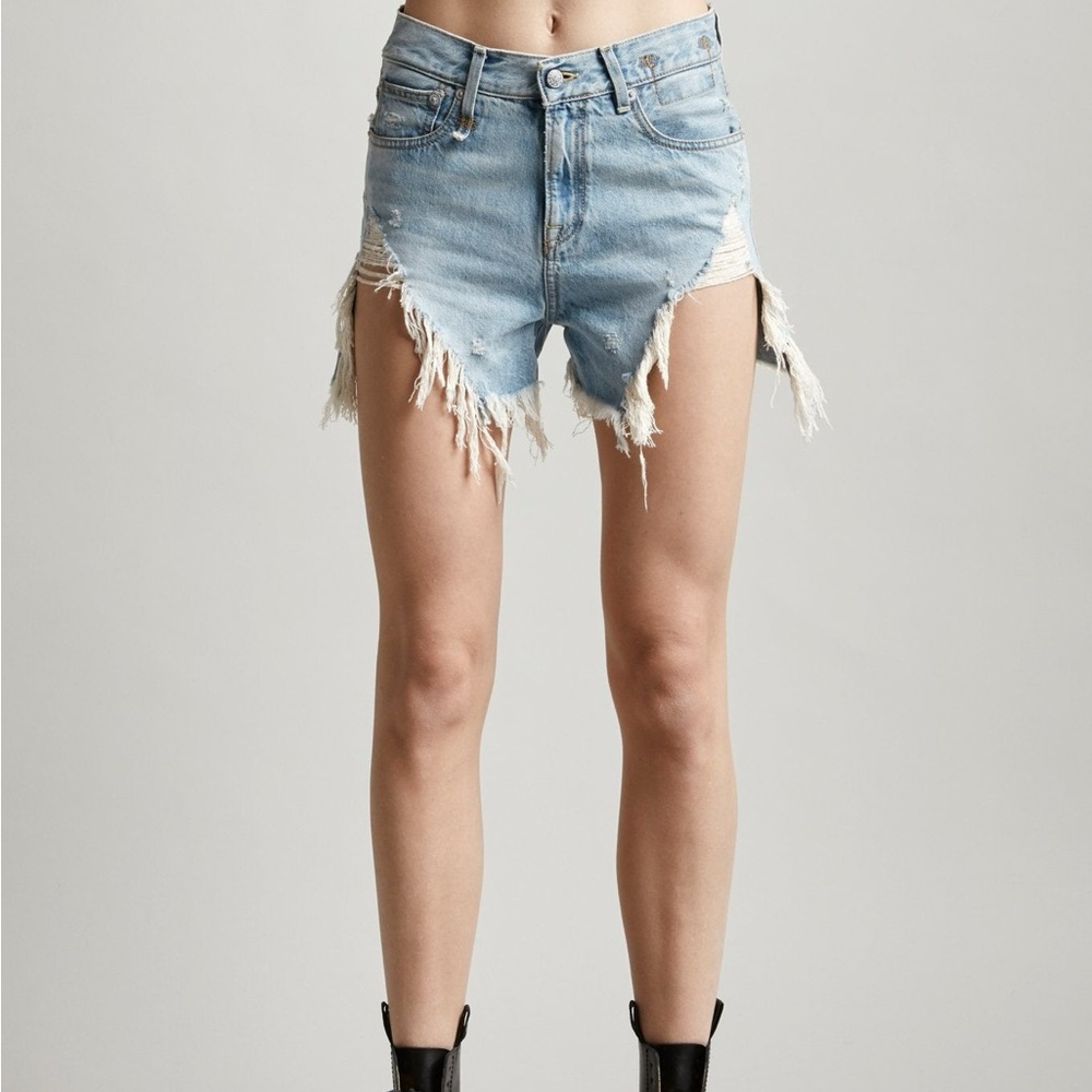 r13 shredded slouch acid wash denim shorts